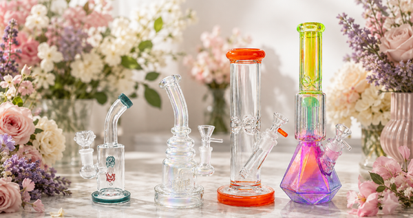 Glass bongs in multiple sizes displayed together in a bright decorative setting for a bong size comparison guide.