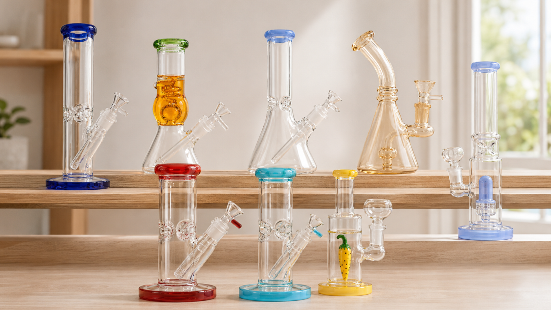 Collection of colorful straight tube, beaker, and percolator bongs arranged on wooden shelves in a bright modern interior.