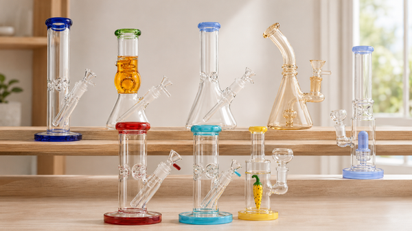 Collection of colorful straight tube, beaker, and percolator bongs arranged on wooden shelves in a bright modern interior.