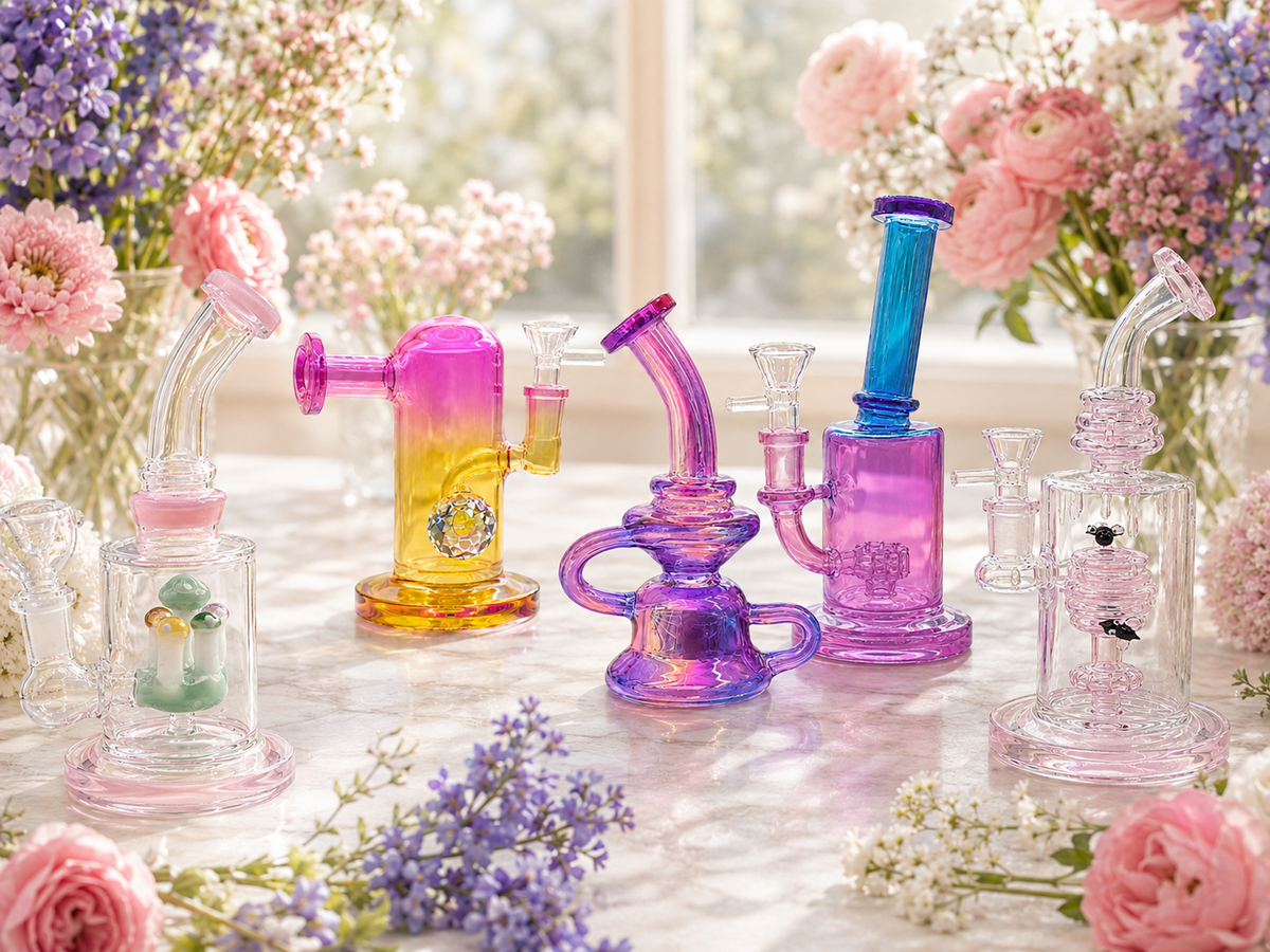 Colorful glass bongs displayed among pink flowers in a bright garden setting for the MaruPipe bong buying guide.