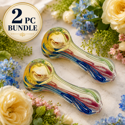 2 piece multicolor striped glass spoon hand pipe bundle displayed on a floral background