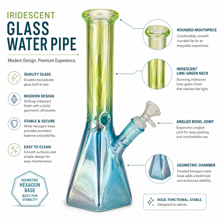 Blue Green Chrome Hexagon Glass Water Pipe Ice Catcher 14mm Bowl 10.5 inch