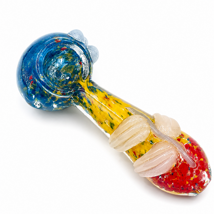 Sapphire Blue Yellow Red Confetti Glass Spoon Pipe with White Leaf - 4 inch