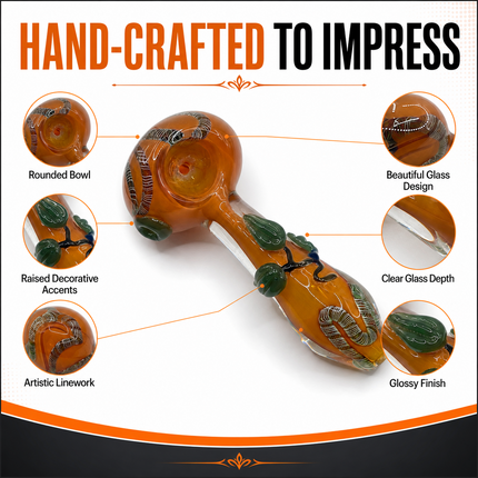 Amber Glass Spoon Pipe with Green Leaf Grips – 5 Inch Hand Pipe