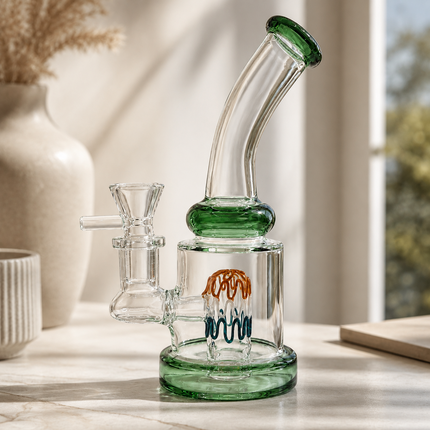 Green Accent Tricolor Perc Mini Glass Water Pipe – 6–6.5 Inch Clear Bong