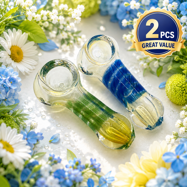 [2PC Bundle] Ocean Grove Duo Handcraft Glass Pipes Green Blue Yellow 3 inch