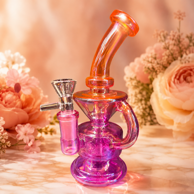 Mini Pink Orange Chrome Recycler Glass Bong with Bowl & Loop Handle - 6 inch