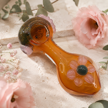 Amber Daisy Glass Spoon Pipe Pink Flower Accent 5 Inch Hand Pipe