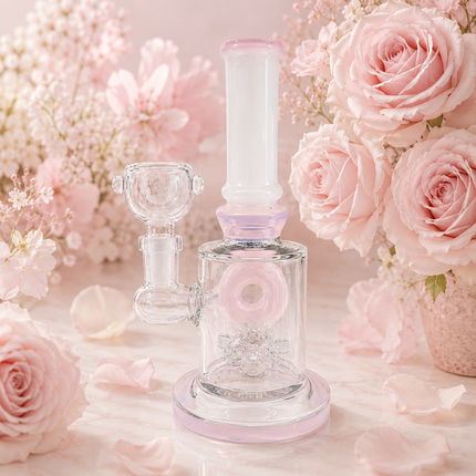 Milky Pink Bottle Glass Bong with Donut Percolator & Bowl - 7.5 inch