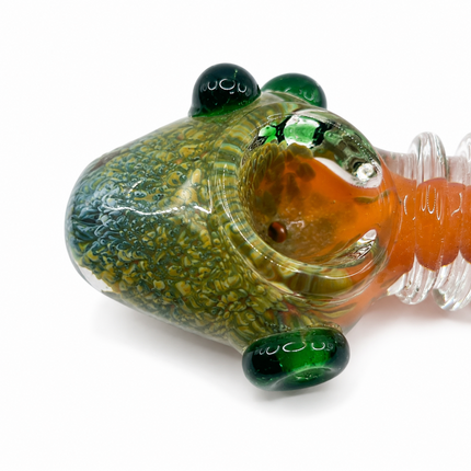 Clear Fumed Orange Glass Spoon Pipe with Green Marbles and Ribbed Grip - 5 Inch