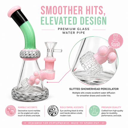 Pink Mint Black Wave Glass Water Pipe Cage Percolator Bent Neck 9 inch