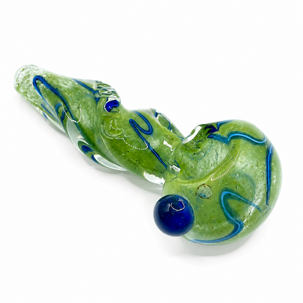 Moss Green Twist Glass Spoon Pipe with Blue Swirl & Marble Accent - 4.5 inch