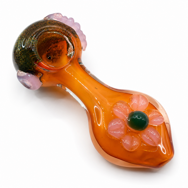 Amber Daisy Glass Spoon Pipe Pink Flower Accent 5 Inch Hand Pipe
