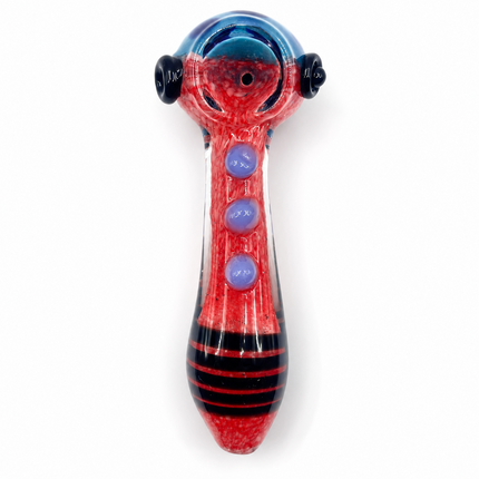 Red Frit Glass Spoon Pipe Blue Bowl Black Stripe 5 Inch Hand Pipe