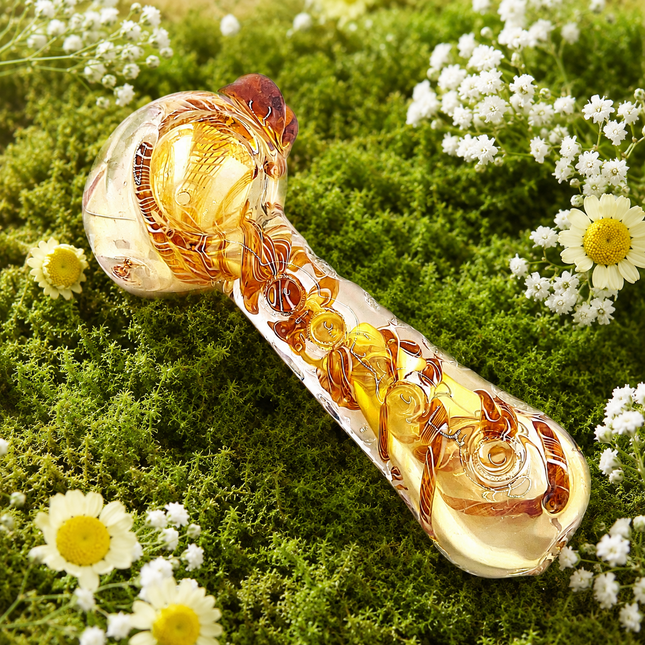 Ghost Caramel Glass Spoon Pipe with Spiral Dot Work – 4 Inch Hand Pipe Deep Bowl