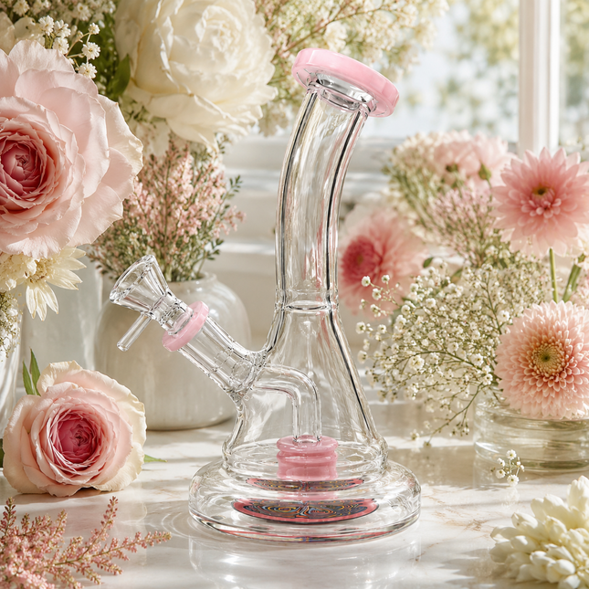 Pink Mandala Glass Water Pipe Clear Disc Percolator Bent Neck 7 inch
