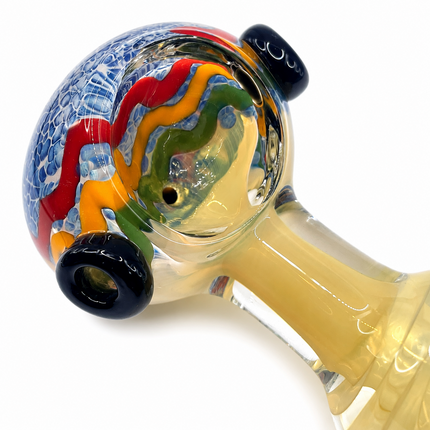 Clear Fumed Rasta Swirl Glass Spoon Pipe with Navy Marbles - 5 Inch