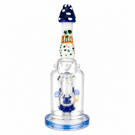 Navy Glass Bong with Whimsical Mushroom Percolator & Bowl - 7.5 inch