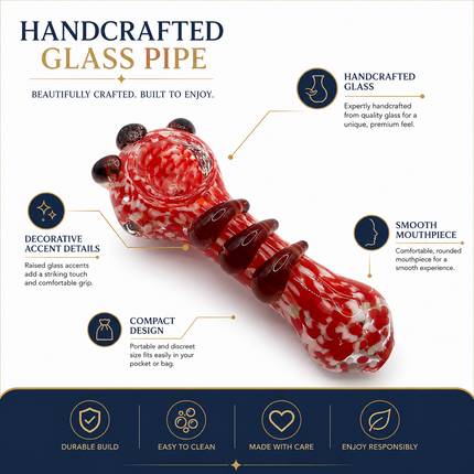 Red White Frit Handcraft Glass Spoon Pipe Deep Red Teardrop Accents 4.5 inch