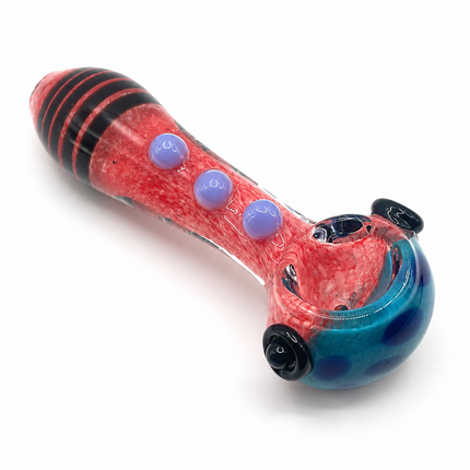 Red Frit Glass Spoon Pipe Blue Bowl Black Stripe 5 Inch Hand Pipe