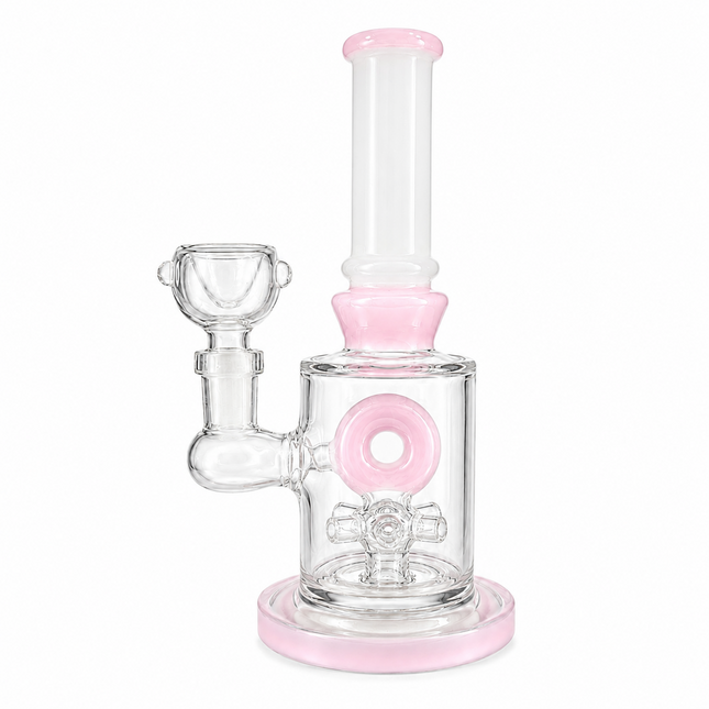 Milky Pink Bottle Glass Bong with Donut Percolator & Bowl - 7.5 inch