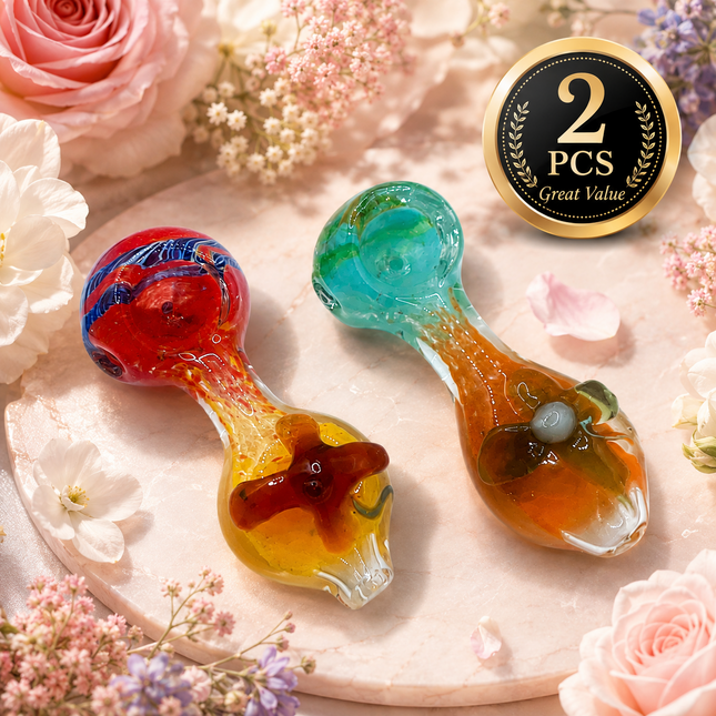 [2PC Bundle] Coral Bloom Glass Hand Pipe Set Assorted Colors 4 inch
