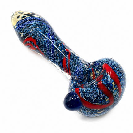 Sapphire Blue Crimson Web Twist Glass Spoon Pipe with Marble Accent - 4.5 inch