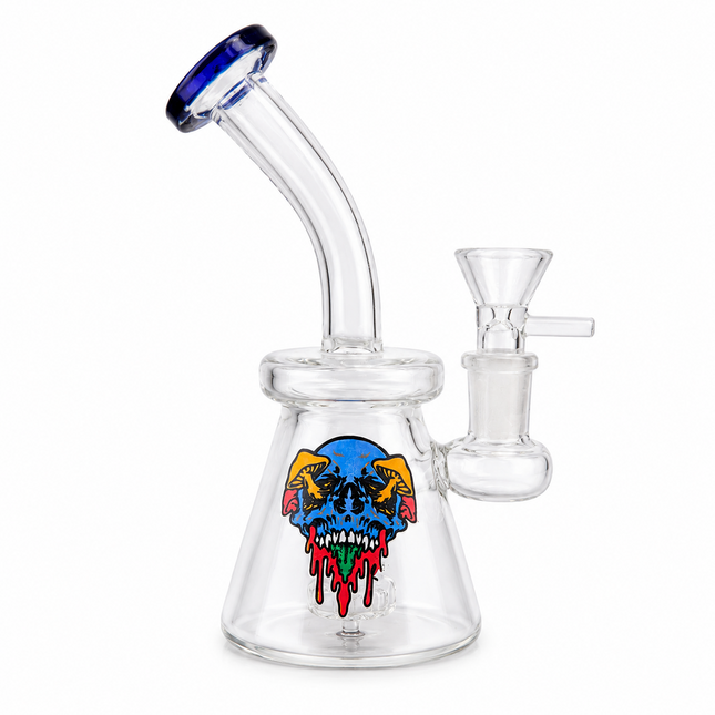 Blue Accent Skull Bubbler Tri Beaker Glass Water Pipe 14mm - 6 inch