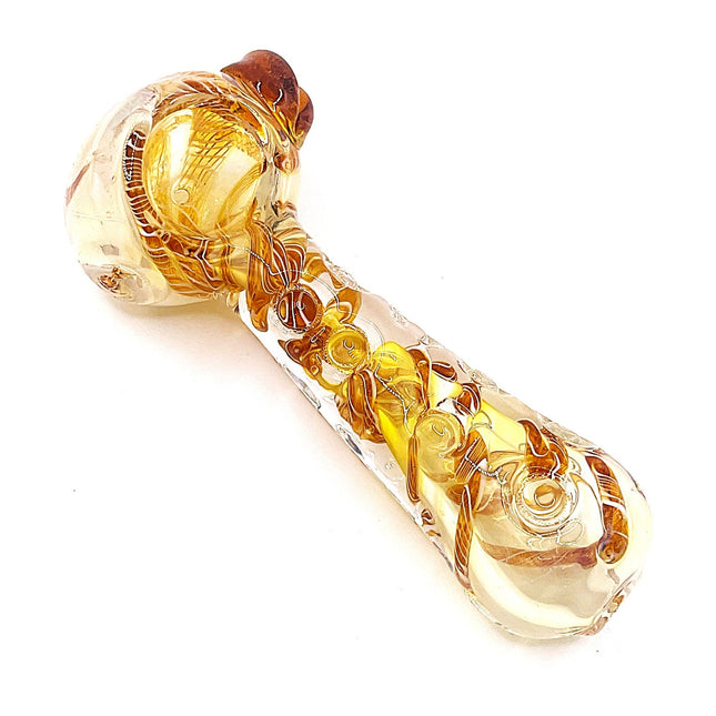 Ghost Caramel Glass Spoon Pipe with Spiral Dot Work – 4 Inch Hand Pipe Deep Bowl