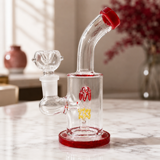 Clear Mini Glass Bong with Red Accents – 6 Inch 14mm Bowl Water Pipe