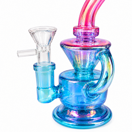 Mini Blue Pink Chrome Recycler Glass Bong with Bowl & Loop Handle - 6 inch