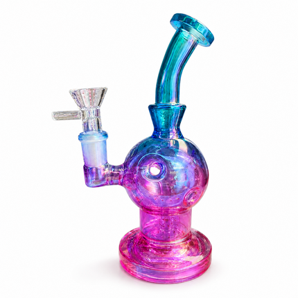 Aqua Pink Iridescent Orb Glass Water Pipe 14mm Bowl Disc Percolator 7.5 inch