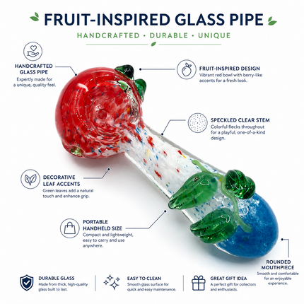 Red Blue Confetti Glass Spoon Pipe with Green Leaf Accents - 4 inch