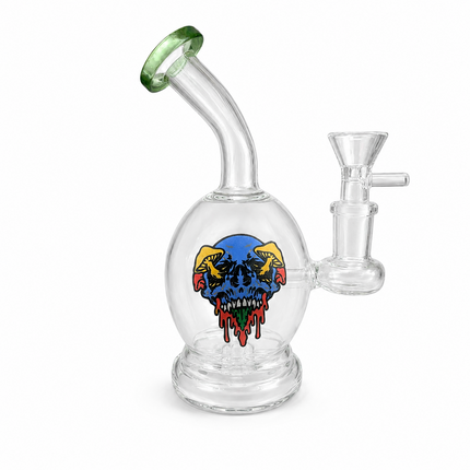 Green Accent Mushroom Skull Round Bubbler Round Glass Water Pipe 14mm - 6 inch
