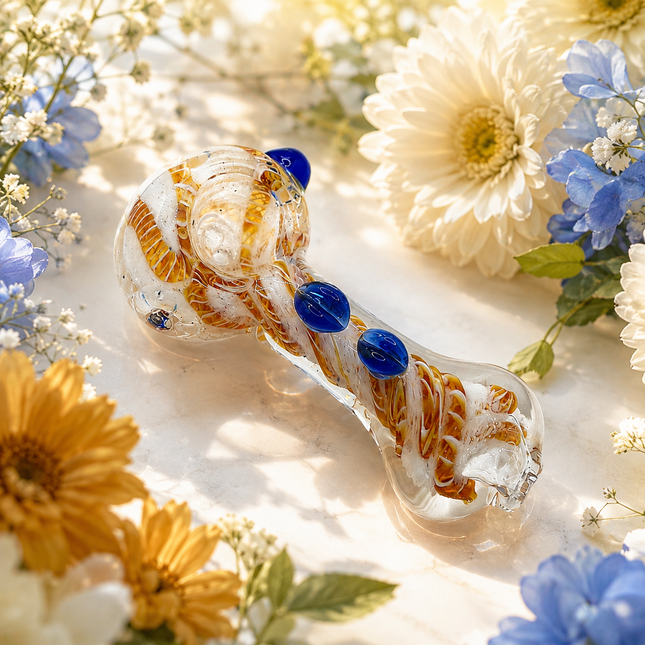 Snow Caramel Twist Handcraft Glass Pipe White Amber Blue 3.5-4 inch