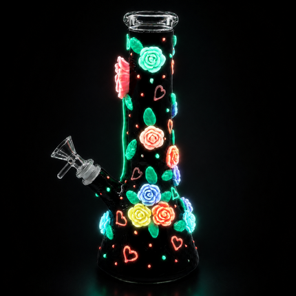 [Glow in the Dark] Midnight Bloom Rose Black Beaker Hookah - 10 Inch