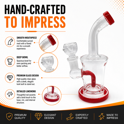 Red Accent Clear Mini Glass Water Pipe – 6–6.5 Inch Compact Bong with Bowl