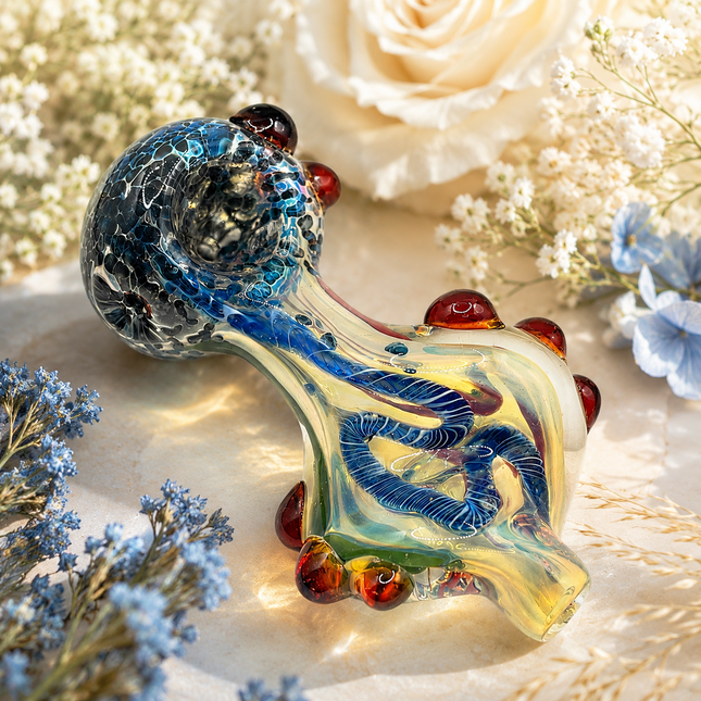 Conch Twist Body Glass Hand Pipe Sapphire Crackle Bowl Amber Accents  - 4 inch