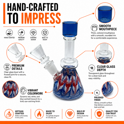 Cobalt Patriot Swirl 14mm Mini Beaker Glass Water Pipe Straight Neck