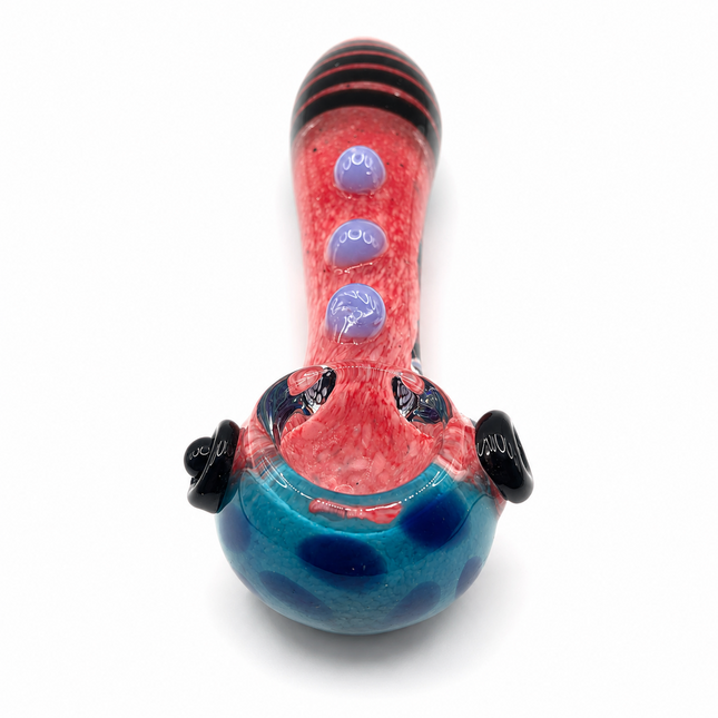 Red Frit Glass Spoon Pipe Blue Bowl Black Stripe 5 Inch Hand Pipe