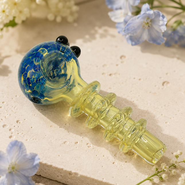 Topaz Sapphire Blue Glass Spoon Pipe with Spiral Ring Handle- 4 inch