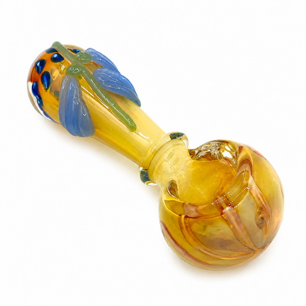 Amber Pumpkin Glass Spoon Pipe with Blue Leaf Accents - 4 inch