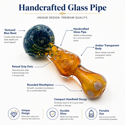 Amber Blue Crackle Glass Spoon Pipe with Curvy Body & White Dot Accents - 4.5 in