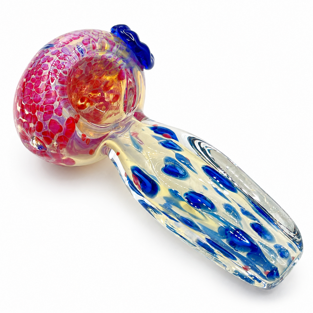 Red Crackle Blue Spotted Clear Glass Spoon Pipe with Flower Accent - 4.5 Inch