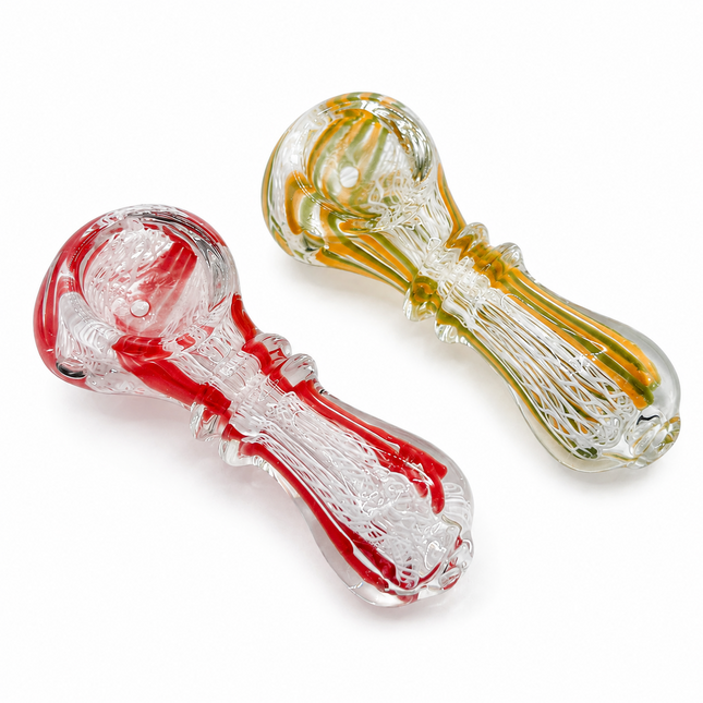[2PC Bundle] Ruby Honey Ribbon Glass Hand Pipes Red Golden Amber 3 Inch