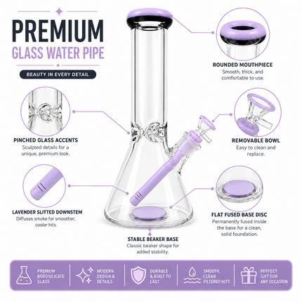 Milky Lavender Thick Glass Beaker Water Pipe Ice Catcher 14mm Bowl 10 inch