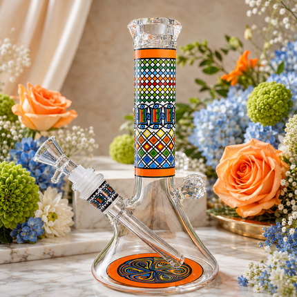 Sunfire Aztec Mandala Glass Bong Orange Clear - 10 Inch