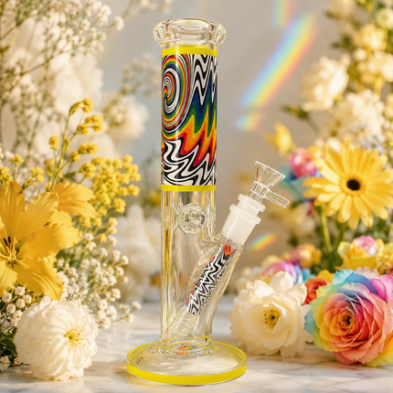 Mirage Yellow Psychedelic Straight Tube Glass Bong 14mm Bowl 10 Inch