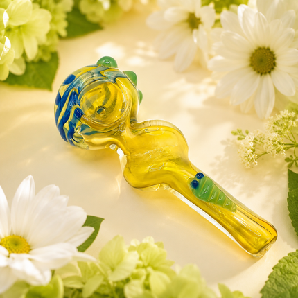 Amber Yellow Glass Spoon Pipe Green Caterpillar Blue Swirl Accent - 4.5 inch