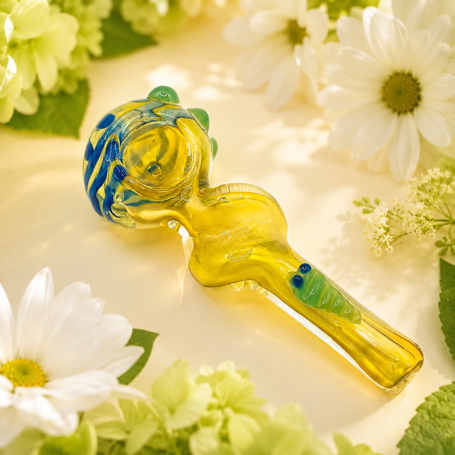 Amber Yellow Glass Spoon Pipe Green Caterpillar Blue Swirl Accent - 4.5 inch